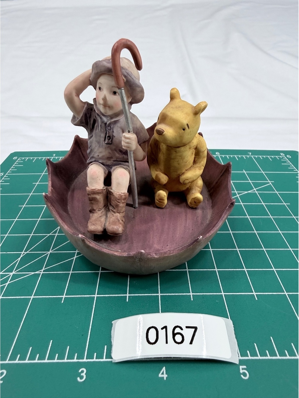 Classic Pooh Disney Figurine with Boy in Umbrella Boat by Charpente